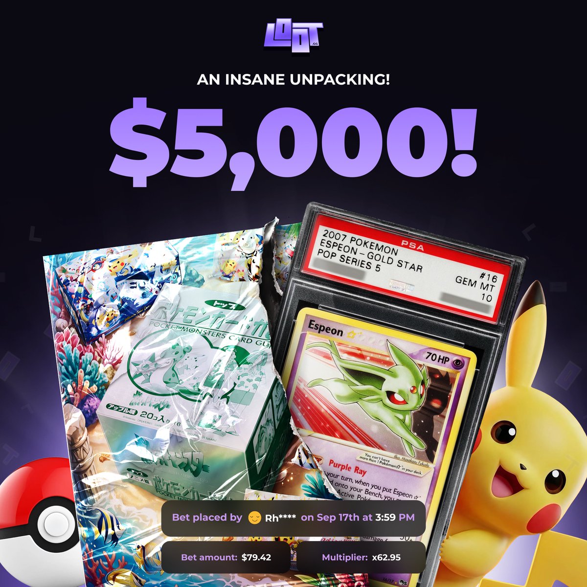 lootdotgg's tweet photo. Well, that didn't take long..
$79.42 → $5,000 💥
A 62.95X hit from our new Pokémon Packs.

$25 to four people! Like, retweet, follow and comment user.⚡ https://t.co/0LdgcjqUOO