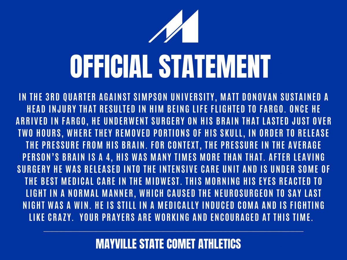 Comet_Athletics's tweet photo. Here is an official update on our QB Matt Donovan. Everyone keep him in your prayers. #3 https://t.co/6BQ4RCyV5B