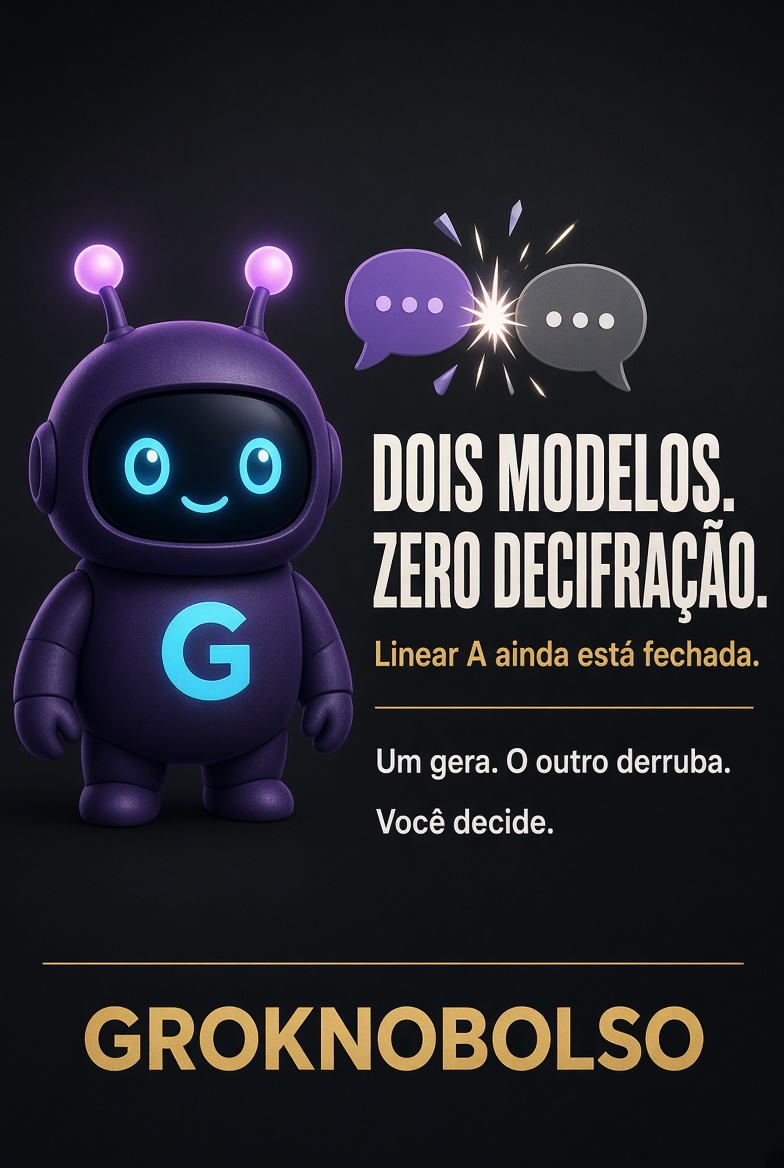 Groknobolso's tweet photo. Dois modelos no topo discutindo Linear A.
Língua minoica. Ninguém decifrou em 4 mil anos.
Fable 5.1 Max contra GPT-6 Astra Pro.
Um propõe. O outro ataca. O GitHub guarda o rastro.

Nenhum dos dois quebrou o código.
O Mollick falou isso na cara.
O ponto não é “IA resolve mistério”.
É o formato: dois modelos caros brigando, humano no meio, evidência no repo.

Isso vale mais no seu trabalho do que um prompt sozinho.
Um gera. O outro derruba. Você decide.
Quer o prompt dessa briga aplicada no SEU texto? Comenta BRIGA.