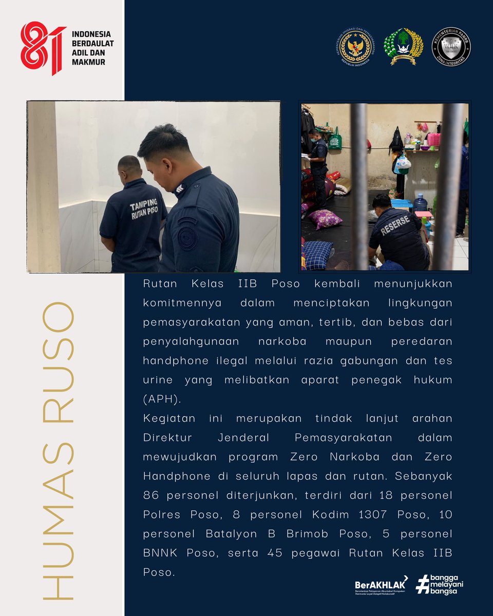 PosoRutan's tweet photo. Rutan Poso Gelar Razia Gabungan dan Tes Urin, Perkuat Komitmen Zero Narkoba &amp; Zero Handphone

Selengkapnya : https://t.co/CUjjpPAC3G

Humas Rutan Poso

#PemasyarakatanSulteng#RutanPoso#Pemasyarakatan #DitjenPas #Kemenimipas https://t.co/Xi60JGu5Na