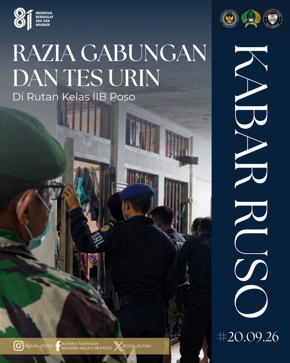 PosoRutan's tweet photo. Rutan Poso Gelar Razia Gabungan dan Tes Urin, Perkuat Komitmen Zero Narkoba &amp; Zero Handphone

Selengkapnya : https://t.co/CUjjpPAC3G

Humas Rutan Poso

#PemasyarakatanSulteng#RutanPoso#Pemasyarakatan #DitjenPas #Kemenimipas https://t.co/Xi60JGu5Na
