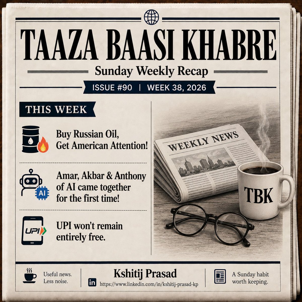 imKshitij_'s tweet photo. TBK, debut on @X
Every week has breaking news. Very few weeks have useful news.
I'm @imKshitij_, and I share Taaza Baasi Khabre every Sunday.
A witty, quick recap of the week's biggest (and smallest) stories.
#WeekRecap #TaazaBaasiKhabre #TBK #LinkedInWeekly #TBK38 #Week38 https://t.co/MzmlIsOPkL