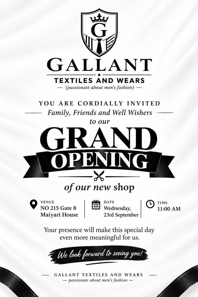 gallant_wears's tweet photo. ALHAMDULILLAH!!! ❤️

With gratitude to Allah and humility we’re pleased to invite y’all, family, friends, customers, and well wishers to the grand opening of GALLANT TEXTILES AND WEARS which is scheduled as follows…

Your presence and prayers will go a long way for us. 🙏🏾 https://t.co/UtSqxwCcjC