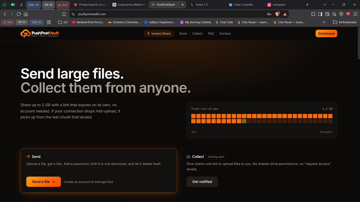 archadi_dev's tweet photo. 🚀 Introducing PushPostVault.

Send large files without the usual cloud-drive hassle.

Upload → Get a link → Share.

No account needed for Instant Share.
Links can expire automatically.
Built for files that are too big to send normally.

https://t.co/GtB3E6X97Z https://t.co/iJpcpXyfXo
