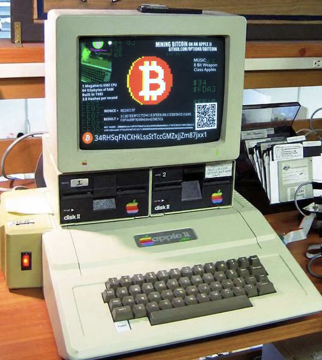 DocumentingBTC's tweet photo. A developer mined bitcoin on an Apple II, a home computer built in 1983 with an eight-bit processor. 

Bitcoin’s hashing algorithm uses thirty-two-bit operations, so the program had to construct those operations from smaller pieces. 

Programmer Peter Ferrie helped optimize the code until it reached approximately 3.8 hashes per second. 

A modern Mac obtained mining work and passed it to the Apple II through a virtual floppy disk over a serial connection. A low-resolution Bitcoin symbol rotated when new work arrived.

The developer estimated an average of 256 trillion years to find a block at the difficulty then prevailing.