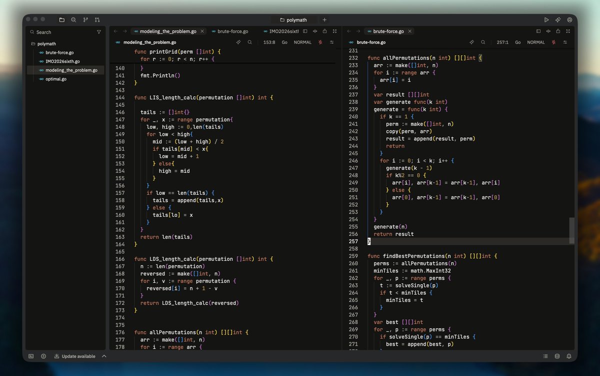 aniiketvish's tweet photo. Implemented the IMO 2025 sixth problem (what AI was not able to solve) in go today. 

Interestingly this problem involves solving and practice you some major DSA and algo concepts.

> Permutation as structure and generating it from heap
> Increasing and Decreasing subsequences using binary search
> Bitmask DP

watched the visualization from @3blue1brown .