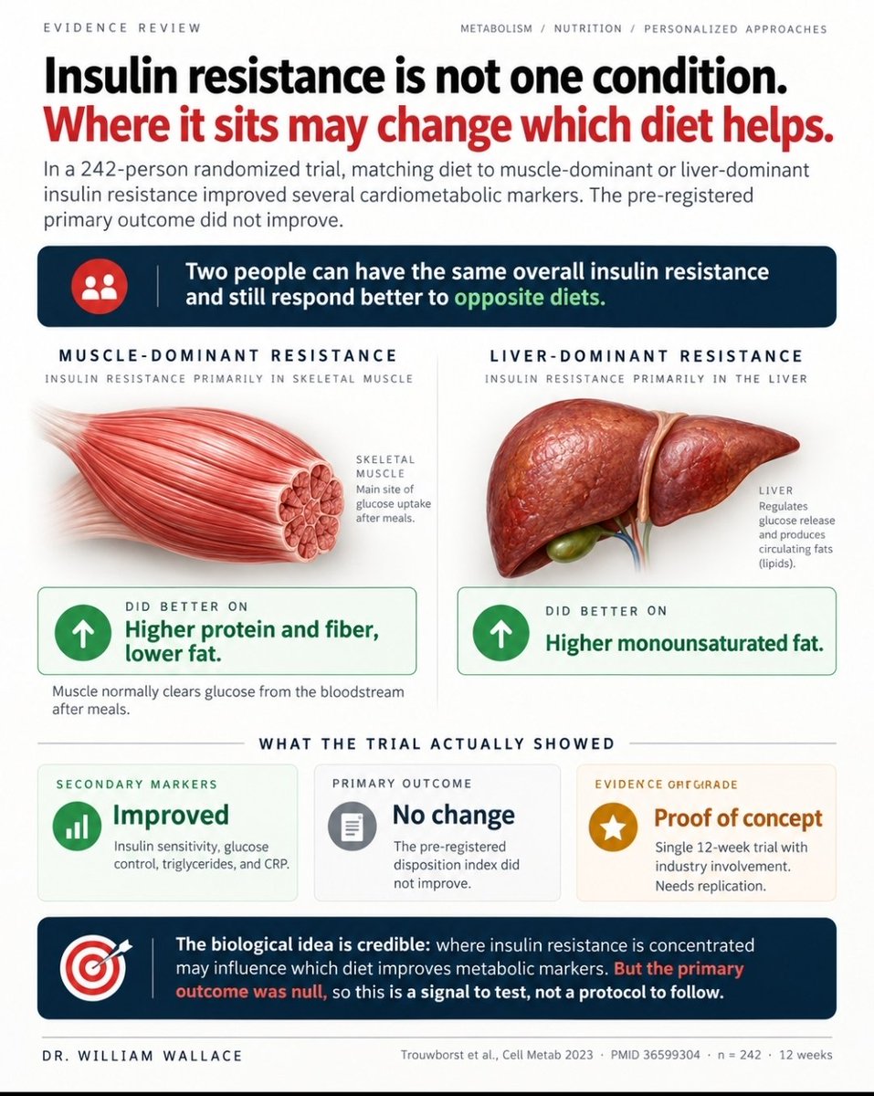 WilliamWallace's tweet photo. Two people can have the same weight, the same fasting glucose, and the same overall degree of insulin resistance, yet respond better to opposite diets.

The difference may be where the insulin resistance is concentrated: mainly in muscle or mainly in the liver.

A Dutch team tested that idea in a randomized controlled trial of 242 adults with overweight or obesity. Using an oral glucose tolerance test, the researchers classified participants as having predominantly muscle or liver insulin resistance, then assigned them for twelve weeks to either a diet higher in monounsaturated fat or a lower-fat diet higher in protein and fiber.

The pre-registered primary outcome, a measure of how well the pancreas compensates for insulin resistance, did not improve. That keeps the study from being considered definitive.

But the secondary findings were notable. People with muscle-dominant insulin resistance improved more on the lower-fat, higher-protein, higher-fiber diet. People with liver-dominant insulin resistance improved more on the diet higher in monounsaturated fat. The matched groups showed greater improvements in insulin sensitivity, glucose control, triglycerides, and C-reactive protein than the mismatched groups.
The logic is biologically plausible. In muscle, insulin helps move glucose out of the blood and into tissue. In the liver, insulin helps suppress glucose release and fat production. These are different metabolic problems, so it is reasonable that they may respond differently to the same mix of carbohydrate, fat, protein, and fiber.

Still, this remains a proof of concept. The primary endpoint was null, the positive findings came from secondary analyses, the trial lasted only twelve weeks, and several authors had ties to nutrition companies. The classification method also required timed blood draws during an oral glucose tolerance test, which is not practical for most people or clinics.

The evidence suggests that insulin resistance may not be one uniform condition, and that the tissue driving it could influence which diet improves metabolic markers. What it does not show is that a commercial test can identify the perfect diet for an individual, or that this approach prevents diabetes, cardiovascular disease, or early death.

This is one of the more credible tests of personalized nutrition because it used a measurable metabolic phenotype rather than a vague genetic or microbiome score. But until larger, independent trials confirm the finding and show meaningful long-term outcomes, it remains a promising signal, not a protocol.

Trouwborst et al., Cell Metabolism, 2023
Abdul-Ghani et al., Diabetes Care, 2007
Kemper et al., Journal of Clinical Endocrinology & Metabolism, 2026