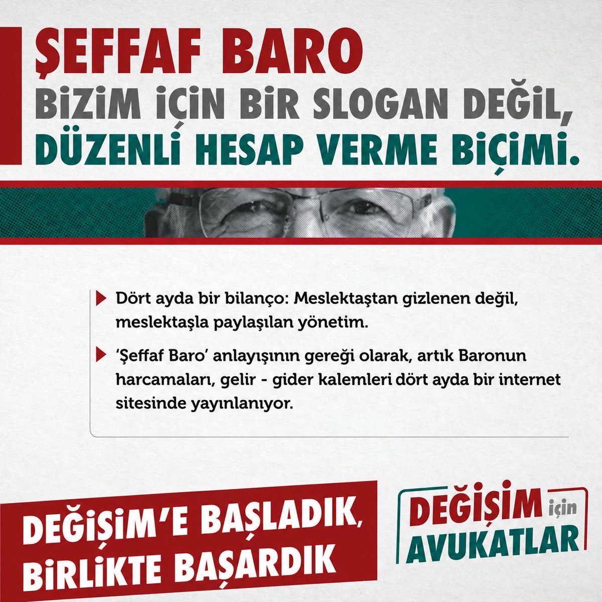 degisim_avukat's tweet photo. ŞEFFAF BARO
BİZİM İÇİN BİR SLOGAN DEĞİL, DÜZENLİ HESAP VERME BİÇİMİ.

🟥 Dört ayda bir bilanço: Meslektaştan gizlenen değil, meslektaşla paylaşılan yönetim.

🟩 “Şeffaf Baro” anlayışının gereği olarak, ilk defa dönemimizle birlikte Baronun harcamaları, gelir - gider kalemleri üç ayda bir internet sitesinde yayımlanıyor.

DEĞİŞİM'E BAŞLADIK, BİRLİKTE BAŞARDIK