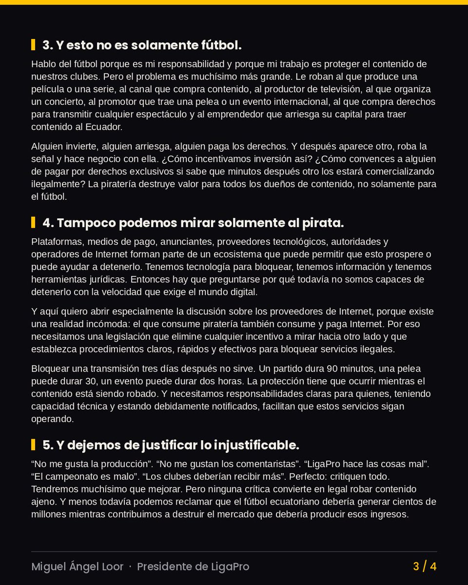 miguelloor's tweet photo. ¿Sabes a quién le pagas cuando pirateas el fútbol?

INTERPOL y Europol lo tienen documentado: redes de piratería vinculadas con lavado de activos, narcotráfico, trata de personas y explotación sexual.

Tu suscripción "barata" puede estar financiando eso. Y tú, sin saberlo, estarías siendo parte del negocio.

No es viveza. No es fútbol gratis. Es plata que sale de tu bolsillo y entra al crimen organizado.

Ecuador 🇪🇨 es el país que más piratea en Sudamérica. Y algunos hasta lo justifican.

Después algunos preguntan por qué no hay más millones para el fútbol ecuatoriano. ¿De dónde, pues, hermano?

Pónganse bravos. Léanlo completo. 👇🏻