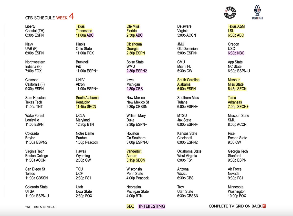 jimdunaway's tweet photo. Here is the Week 4 CFB Sheet…Lock it in on ABC.
Feel free to Print/Share and mark it up with notes all week like we do on the show #SEC #RollTide #WarEagle #GoGators #HottyToddy #HookEm #VFL https://t.co/K45gK5YbBq