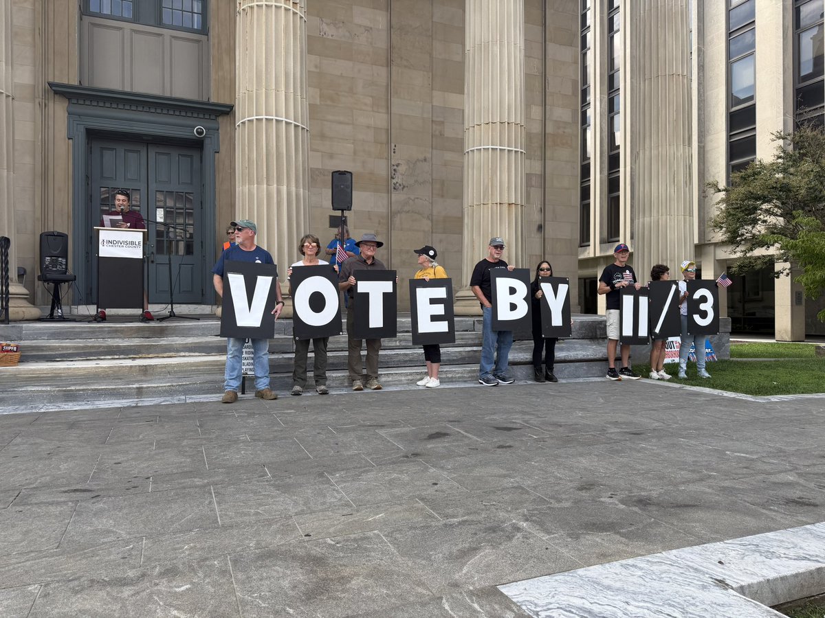 wcchronicle's tweet photo. Photos from Indivisible Chester County’s “Hands Off Our Vote” rally at the Historic Courthouse yesterday. About 150 people were in attendance. https://t.co/QoeL8jIato
