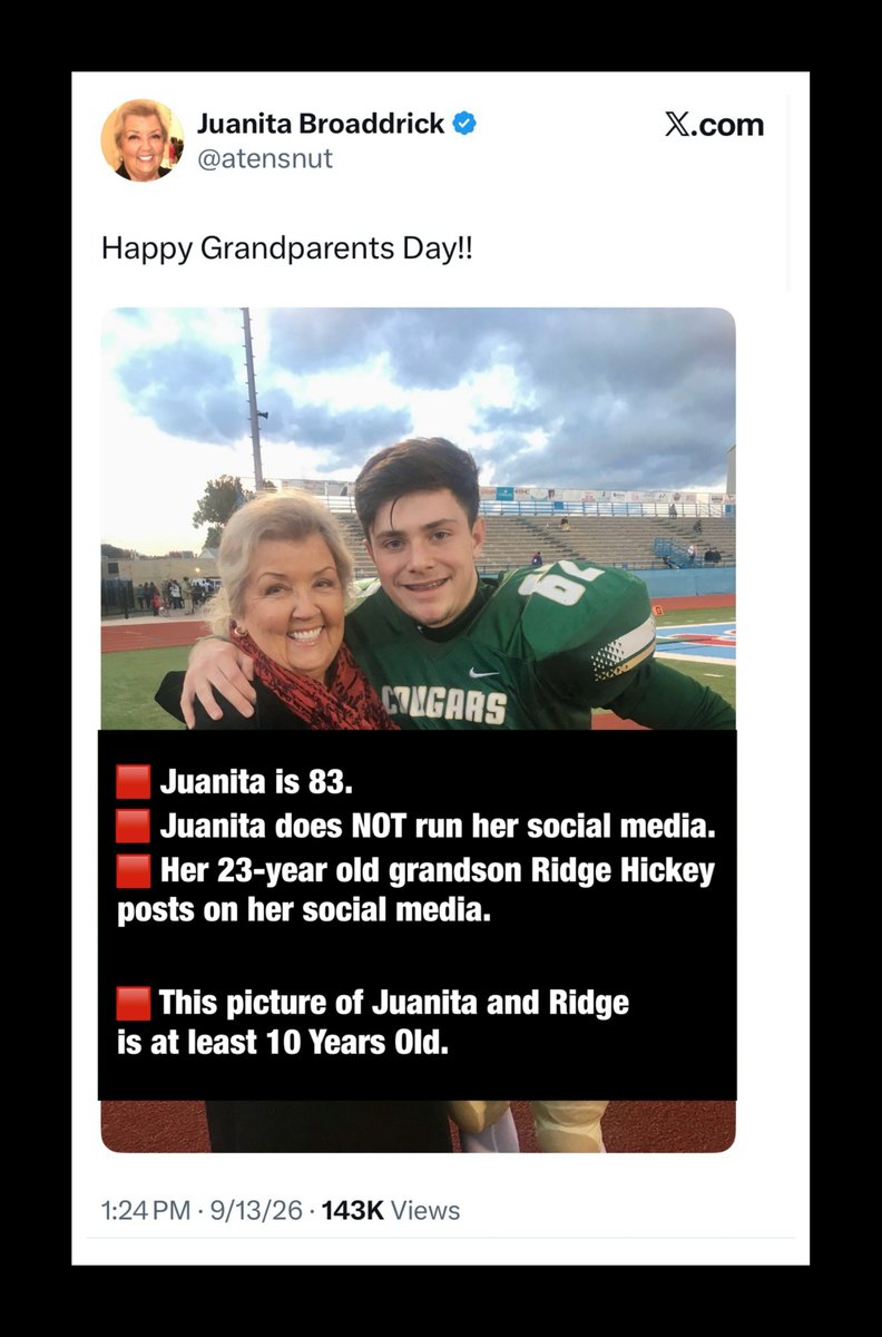 GenXGirl1994's tweet photo. Juanita is 83 years old & does not know how to use social media, per her grandson, Ridge Hickey’s post in 2016

Ridge posts on her acct & most likely sold out to the $7K club since it’s an Israel Hasbara acct that attacks conservatives critical of Israel & its wars

You cannot find recent pics of Juanita online. Her grandson posts 10-year old pics of himself and Juanita to imply it’s recent. We may have a Mitch McConnell situation.