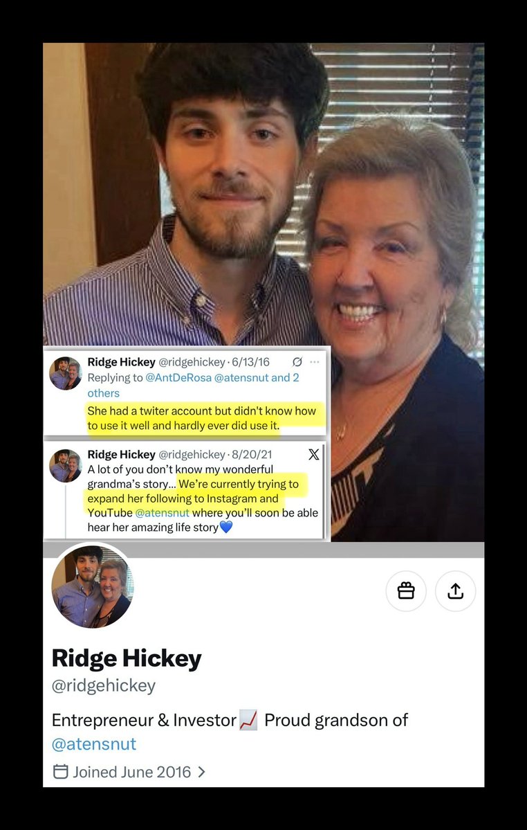 GenXGirl1994's tweet photo. Juanita is 83 years old & does not know how to use social media, per her grandson, Ridge Hickey’s post in 2016

Ridge posts on her acct & most likely sold out to the $7K club since it’s an Israel Hasbara acct that attacks conservatives critical of Israel & its wars

You cannot find recent pics of Juanita online. Her grandson posts 10-year old pics of himself and Juanita to imply it’s recent. We may have a Mitch McConnell situation.