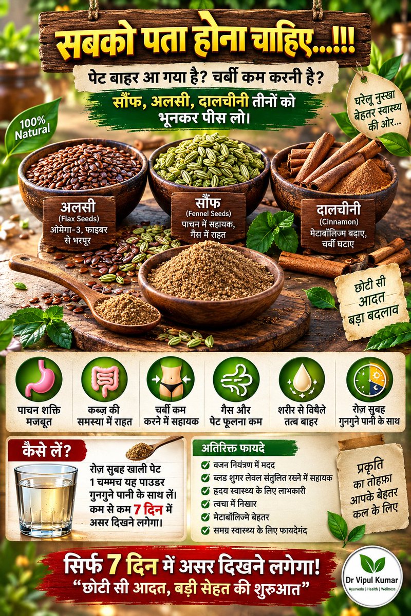 Vipulya01021205's tweet photo. 🌿 पेट की चर्बी ओर ब्लोटिंग से परेशान है?
सौंफ + अलसी+ दालचीनी - इन तीन मसालो को भूनकर पाउडर बनाए ओर इसे अपनी रोज की डाइट में शामिल करें।

छोटी सी आदत बेहतर पाचन की शुरूआत 💚 https://t.co/T6nUtYOat8