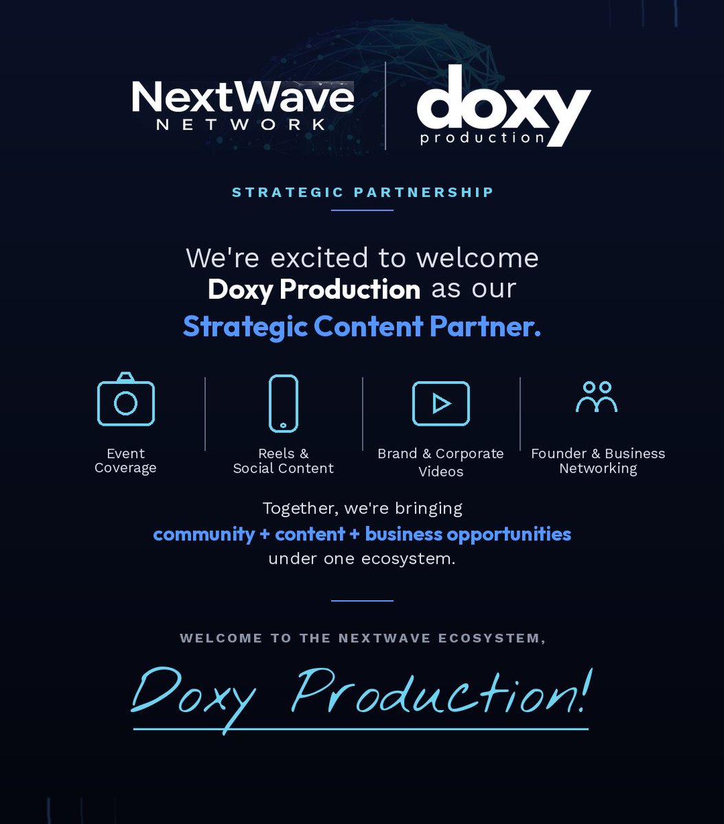 NextWaveFi's tweet photo. 🤝 Excited to welcome Doxy Production as the Strategic Content Partner of NextWave Network.

🎥 Events • Reels • Brand Films • Digital Marketing • Social Media

Building the community + content ecosystem together. 🌊🚀

#NextWaveNetwork #DoxyProduction #Web3 #FinTech https://t.co/tjiCvksVhh