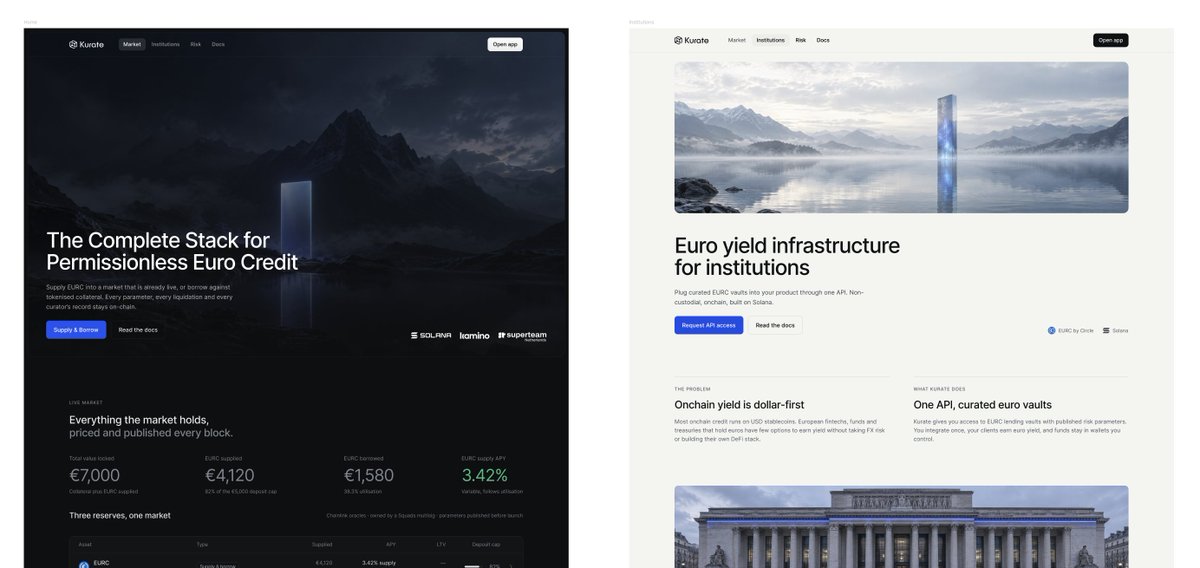 PauluneMoon's tweet photo. Day 6 of Building in Public @kurate_finance, euro stablecoin credit layer on Solana 🇪🇺

Quiet day, mostly writing and thinking.

> Updated the homepage copy
> Started the institutional page: the API and the strategies we'll open to institutions
> Spent time on how we actually communicate

Every consumer protocol I've worked on had the same playbook: post daily, memes, reply to everyone.

We're building for European institutions. That playbook doesn't apply.

The one angle that works onchain and stays true to what we do is euromaxxing. So we're leaning into that, plus visuals that look like the product we're building.

If you're building something institutional in crypto: what's actually worked for you?