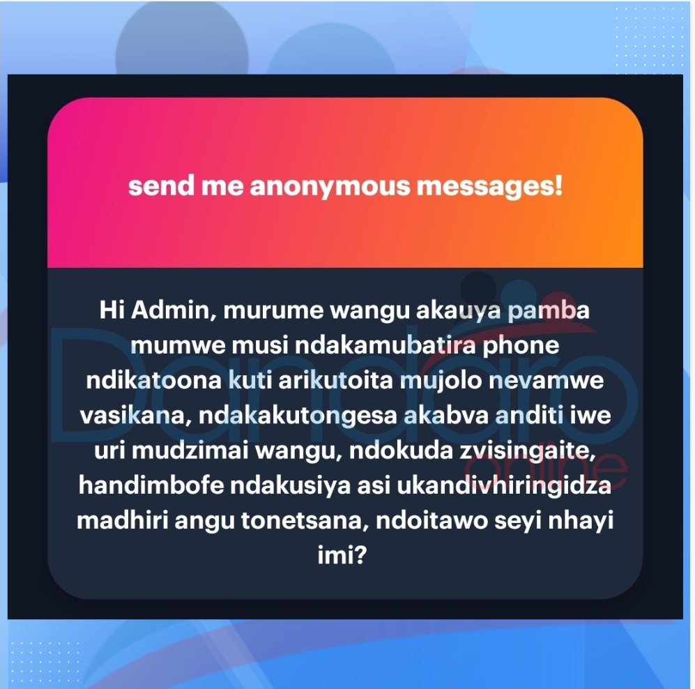 DandaroOnline's tweet photo. #dandaroconfessions Panoitwa seyi apa ...🙌🏾💯✔️
Send your confessions here:
https://t.co/uU6gxI9IYz
Send your Anonymous Messages on WhatsApp:
https://t.co/vKzxI4F0fq
Follow our WhatsApp Channel:
https://t.co/N7thWVcn68 https://t.co/ccXKArP2K1