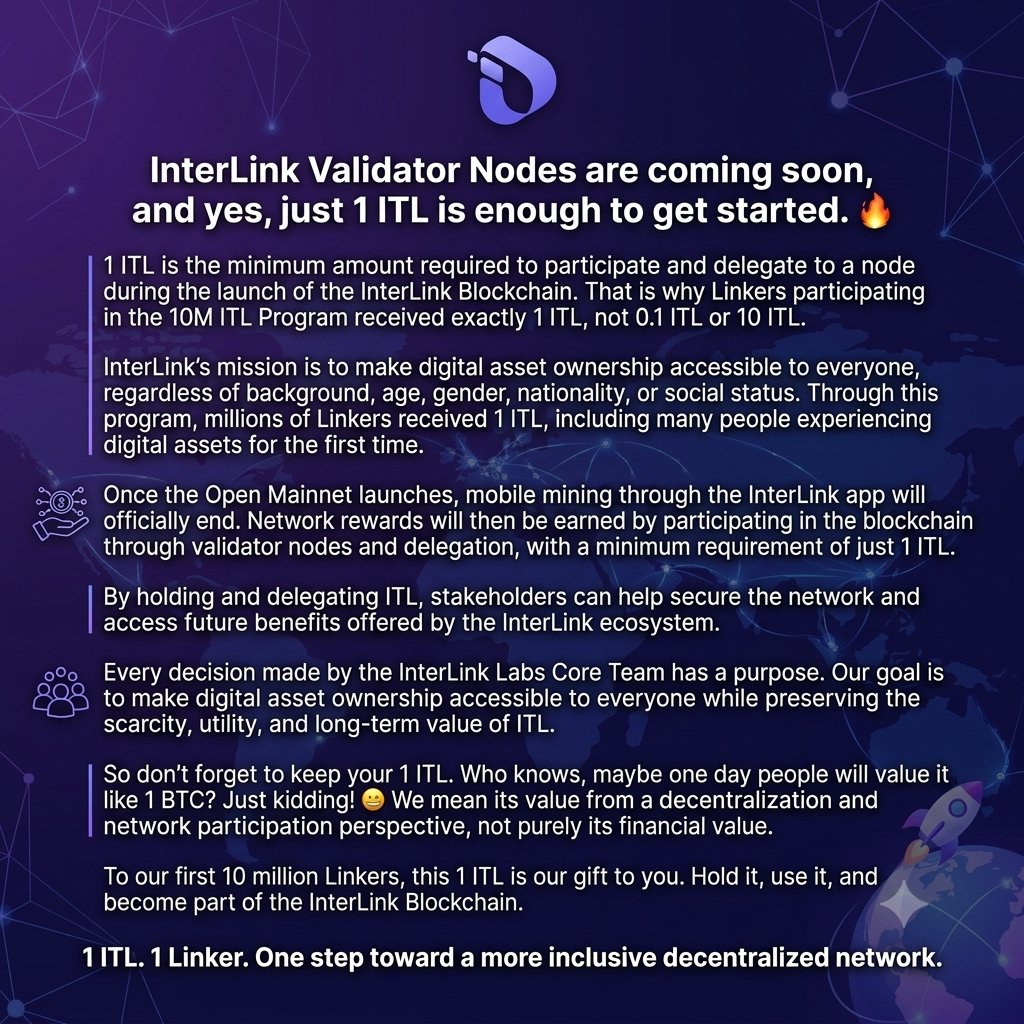 haseeb9229's tweet photo. Validator Nodes are coming to InterLink, with 1 $ITL as the minimum to participate and delegate. 🌐
Mobile mining will end after Open Mainnet, moving network participation toward validators &amp; delegation.
💎 I’m keeping my 1 $ITL. What about you?
#InterLink #ITL #ITLG https://t.co/3Xpkp5z4IY