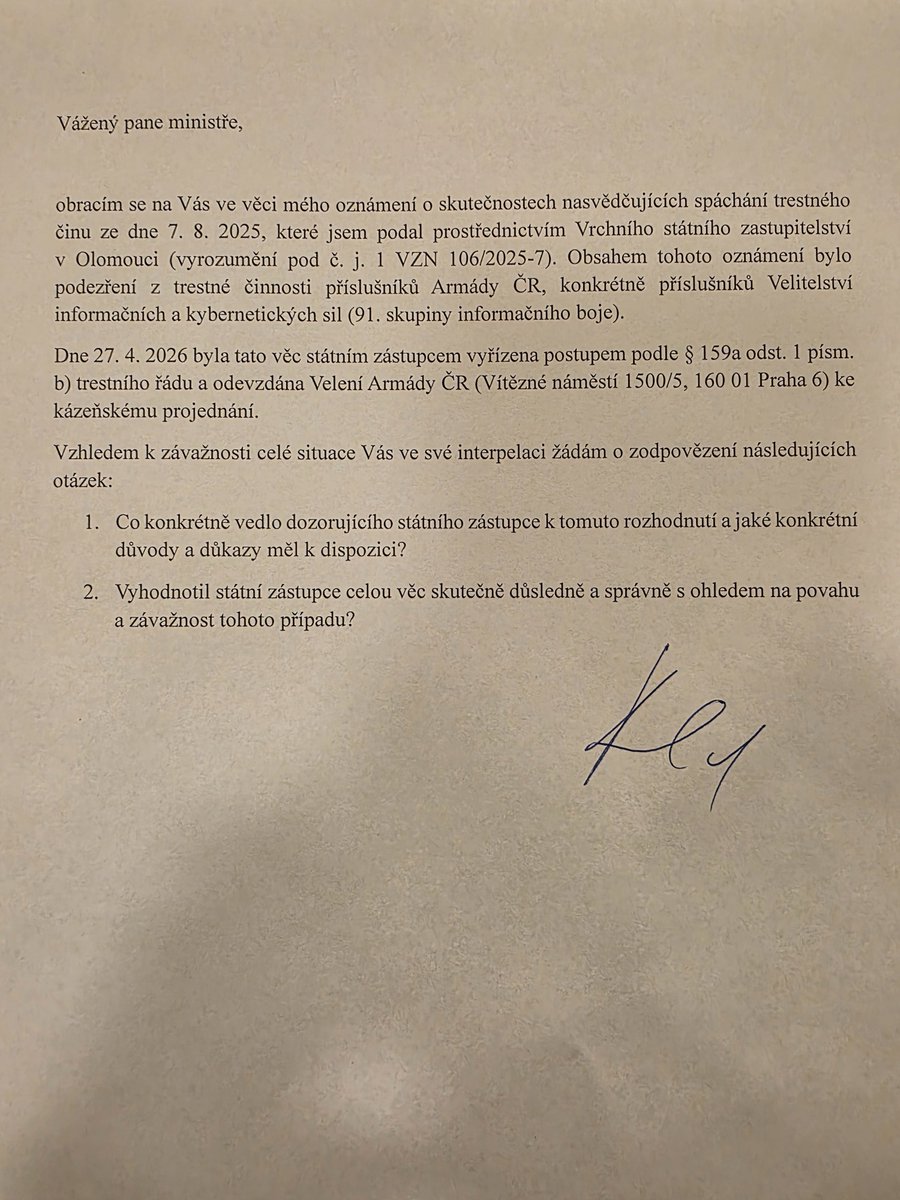 ruzickapavel70's tweet photo. Podal jsem písemnou interpelaci na ministra obrany a ministra spravedlnosti ohledně sbírání informací na politiky a politické strany @VeInKyS. Doufám, že se před senátními volbami dozvíme, jakou roli v tomto příběhu hráli gen. Řehka, Haratek a plk. @IvoZelinka. Už se moc těším. https://t.co/y57TRnX1eK