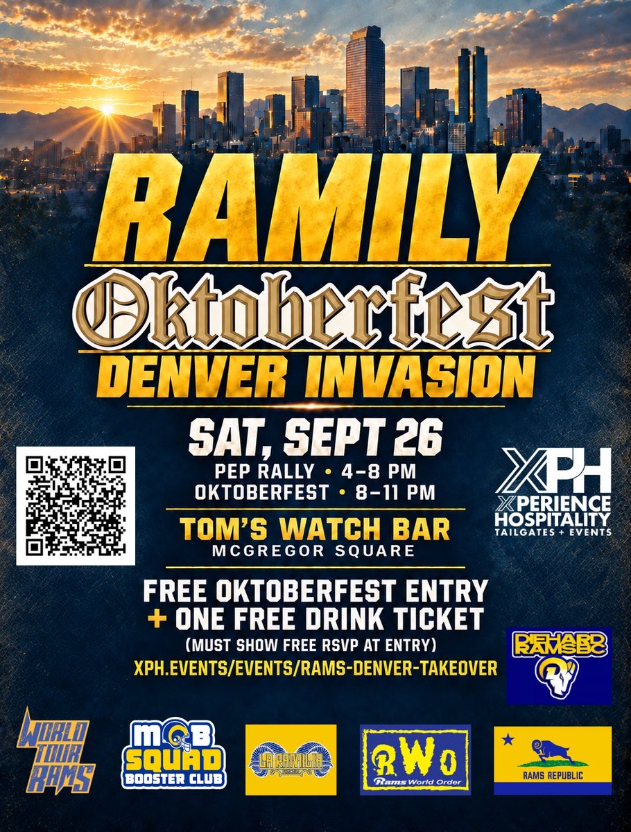 LARamsRepublic's tweet photo. For Ramily going to Denver...please see flyer below! Scan QR Code for details! Please be sure to RSVP to pep rally to get free drink ticket and free entry to Oktoberfest! See you there! ππ‘#WhoseHouse #LARams https://t.co/2cz281NMGS