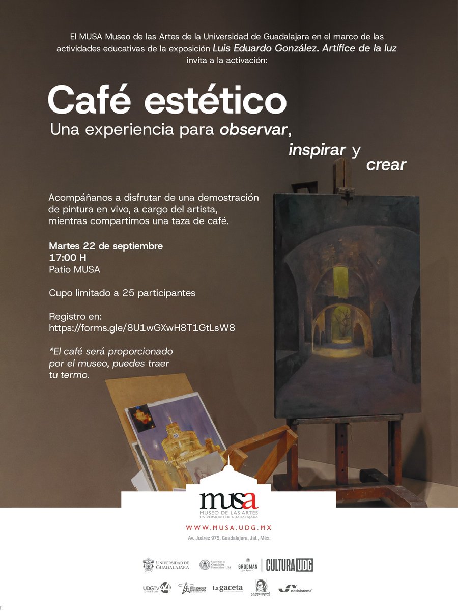 UDGFoundUSA's tweet photo. Disfruta de una demostración de pintura en vivo a cargo del propio Luis Eduardo González, mientras compartimos una taza de café en un espacio de diálogo y creatividad único. 
Martes 22/09  17:00 H
Entrada gratuita, limitado a 25 participantes
Regístrate: https://t.co/YK0U0Jps7k https://t.co/GC0nlIoVIw