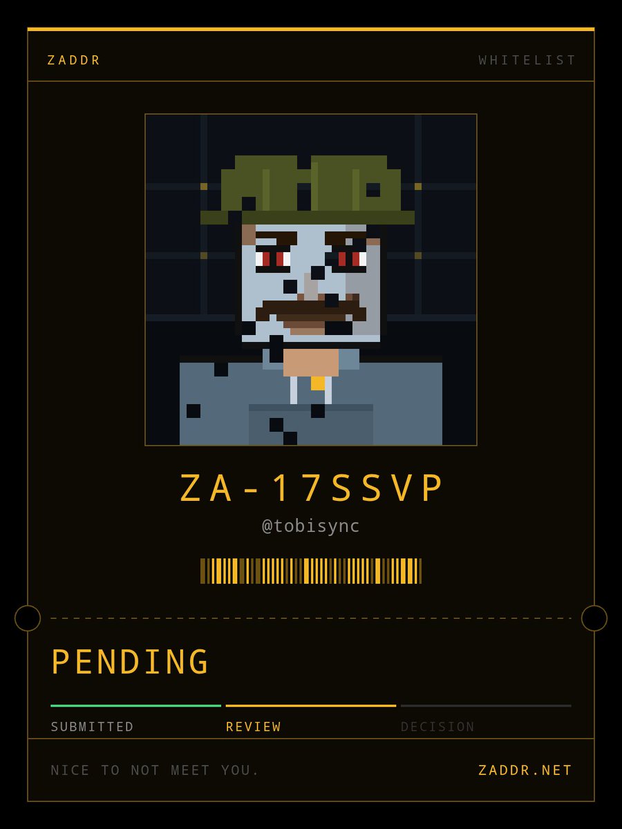 TobiSync's tweet photo. Everyone’s getting approved and I’m still over here refreshing like... 💔

​I joined early, but my status is still pending while others are getting through. @zaddrnet , please don't leave me behind

​Intern, pls add my addy too. Let's cook something up before the final drop🤞

​Ticket: ZA-17SSVP
Handle: @TobiSync
Check yours: https://t.co/C8INT4qEit

Nice to meet you