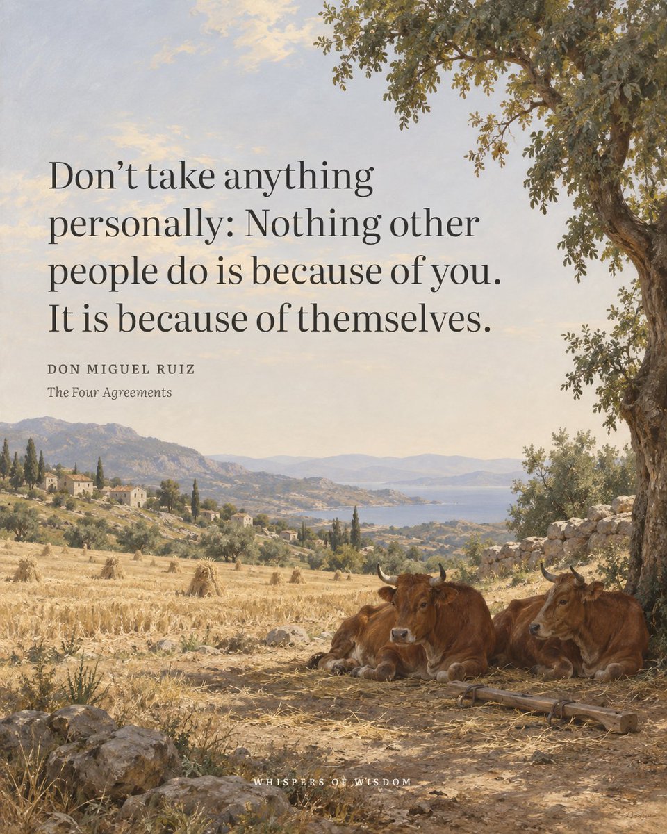 WisdomOfWhisprs's tweet photo. Most of what stings in a conversation isn't about you at all.

When someone snaps at you or leaves you out, your first instinct is to look inward: What did I do? But the other person's reaction is their own weather, shaped by their history, mood, and pressures. You're just the surface their storm lands on. Seeing this doesn't excuse bad behavior, but it does give you a choice about how much of it to carry.

“Don't take anything personally: Nothing other people do is because of you. It is because of themselves.”
— Don Miguel Ruiz