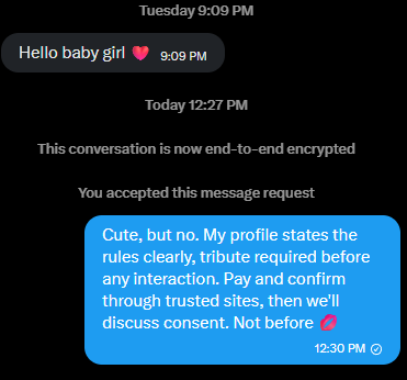 Princess_KayN's tweet photo. Fair warning: If you DM without tribute, I might accept the message. 

But you'll only get one response, a denial telling you to follow protocol and pay first. 

No conversation, no free attention. Follow the rules or stay in the void 💅 https://t.co/JmzZuCKqrH