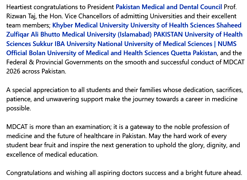 hecpkofficial's tweet photo. Message of Executive Director HEC Prof. Dr. Zia Ul Haq on successful conduct of #MDCAT 2026. https://t.co/u8k1JfypDk