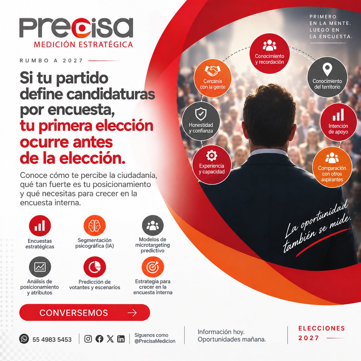 PrecisaMedicion's tweet photo. Antes de aparecer en una boleta, tienes que aparecer bien posicionado en una encuesta.
Una encuesta interna es más que preferencia: muestra, territorio, reactivos, atributos y ponderación.
La pregunta es: ¿qué necesitas fortalecer antes de la encuesta que cuenta?
#Elecciones2027 https://t.co/LQJQQY9EFm
