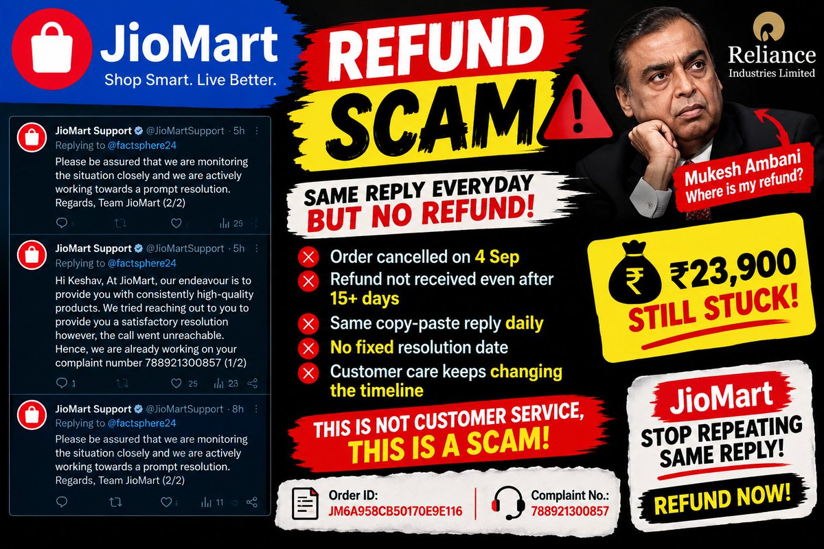 factsphere24's tweet photo. @JioMart_Support @JioMart_Support “We are monitoring” — the same copy-paste reply every day. 😑
Monitoring कब तक चलेगा? Refund कब आएगा?
₹23,900 is still stuck, while your team keeps changing the response instead of resolving the issue.
Stop repeating the same reply. https://t.co/f2NKyLI529