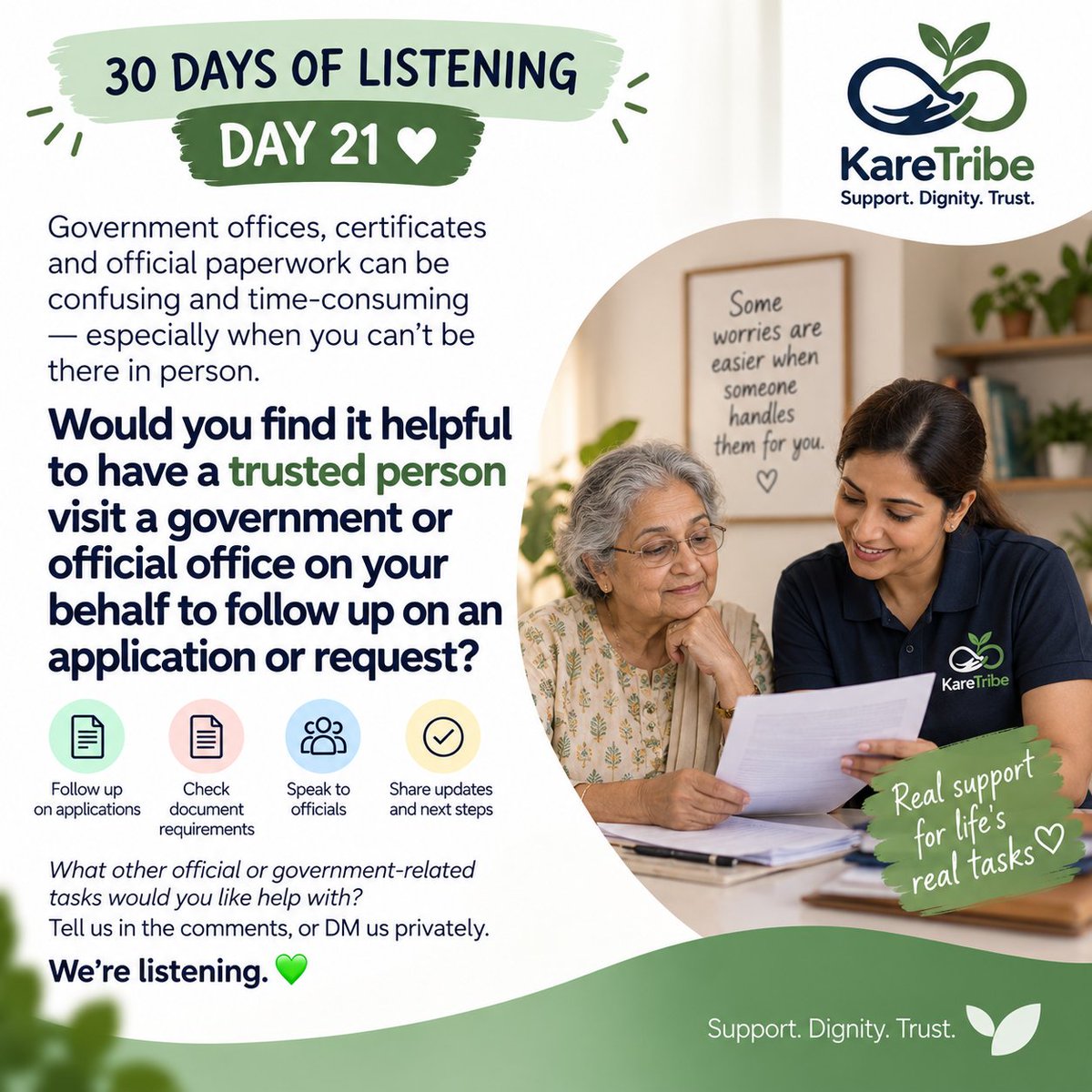 karetribe's tweet photo. 30 DAYS OF LISTENING — DAY 21 💚

If an application or official request was stuck and you couldn’t visit in person, would you use a trusted person to follow up, check what’s missing, speak to officials, and update you on next steps?

Would this help? 💚 

#KareTribe https://t.co/aF6SwLjsl9