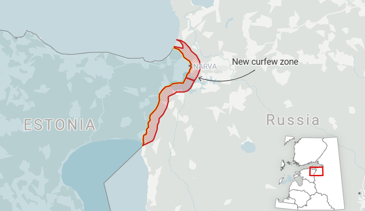 Osinttechnical's tweet photo. Russia's internal security service has announced a curfew and restrictions along part of its border with NATO member Estonia. 

Civilians have been banned from leaving villages after dark, boating on the Narva River, and hunting within 5km of the border. https://t.co/iInuthxsIG