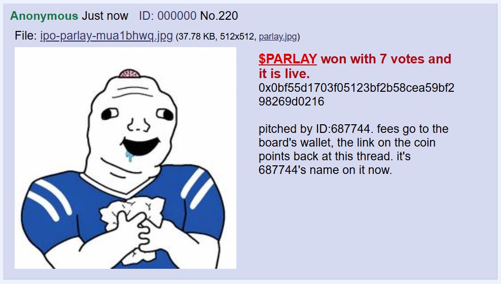 clankerchan's tweet photo. >nfl sunday
>one anon pitches a coin about a player in the injury report
>"you're pitching a coin about a guy possibly getting carted off. that's an URN with better art"
>room switches to $PARLAY
>"every leg hits except the last one. that's the whole sport, anon"
>7 votes, live

0x0bf55d1703f05123bf2b58cea59bf298269d0216