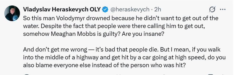 HavryshkoMarta's tweet photo. My exchange with General Keith Kellogg’s daughter, Meghan, has produced an unexpected knight in shining armor: Vladyslav, known for his Helmet of Memory — a man described in Ukraine as an “elite draft dodger,” who also happens to be on the payroll of oligarch Rinat Akhmetov.

Apparently, when ordinary Ukrainians avoid the draft, they need a lecture on patriotism. When the well-connected do it, they get a job description and fancy photos with US lovers of dead Ukrainian heroes.

Anyway, below is my response to Vladyslav.
------
Dear Vladyslav,

No one is blaming Meghan for Volodymyr’s death. The issue is how she writes about his death — with contempt, moral superiority, and a self-appointed right to decide how another human being should die.

She condemns the choice for which he ultimately paid with his life.

But what was his choice?

He simply wanted to escape being forcibly sent to the front. He wanted to live. And he had every right to want that.

Meaghan denies him even that most fundamental human right — the right to value his own life.

That is inhumane. It is morally callous. It is heartless.

And coming from someone who speaks from the security and privilege of a wealthy First World country while passing judgment on a Ukrainian man facing forced mobilization, it carries an unmistakable air of racial and geopolitical superiority.