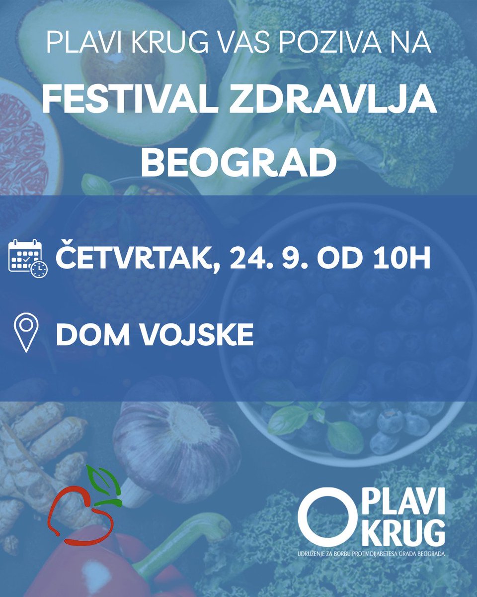 PlaviKrug's tweet photo. Pozivamo vas na 32. Festivalu zdravlja, koji se održava u četvrtak, 24. septembra, od 10 časova u Domu Vojske Srbije. 

Na štandu Plavog kruga posetioci će moći da provere nivo šećera u krvi, krvni pritisak i informišu se o dijabetesu. 

🔹Ulaz je besplatan za sve posetioce https://t.co/k3IkS8qFqR