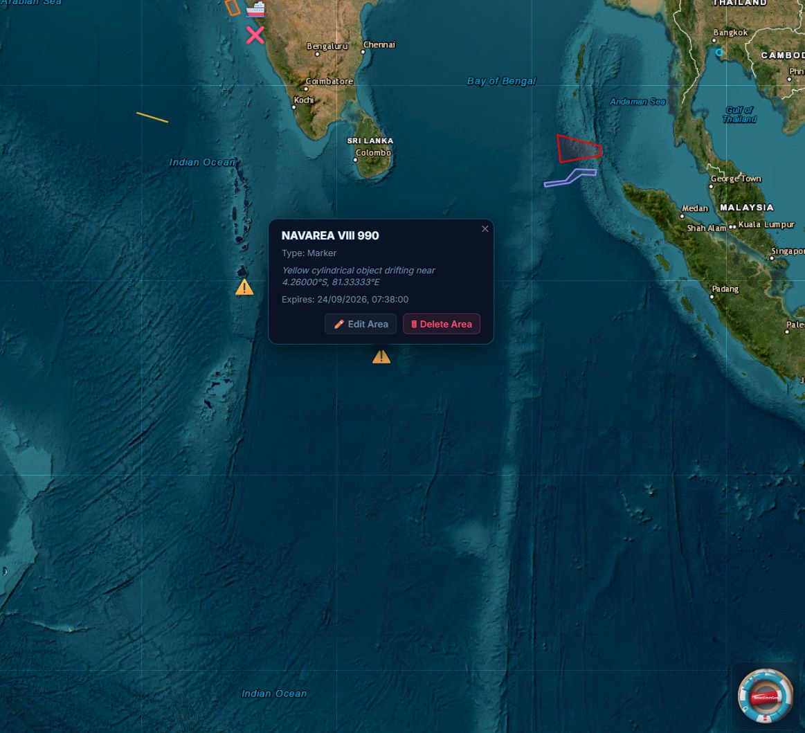 riskiomap's tweet photo. ⚠️ Navigational Warning
A yellow cylindrical object has been reported adrift in the Indian Ocean. Mariners in the area are advised to exercise caution!
📍 Approx Position: 04°15.6'S, 081°20'E
🕒 Reported: Sep 20, 2026 (05:38 UTC)
#IndianOcean #MaritimeSafety #NavWarning https://t.co/f9AKQr0XZL