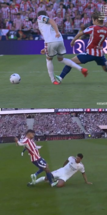 TouchlineX's tweet photo. 🚨 𝗕𝗥𝗘𝗔𝗞𝗜𝗡𝗚: José Mourinho brought THESE TWO IMAGES to the press conference to show to the journalists.

José Mourinho has told the press that these were 2 CLEAR RED CARDS for Atlético Madrid. https://t.co/5EEydz5Bgz