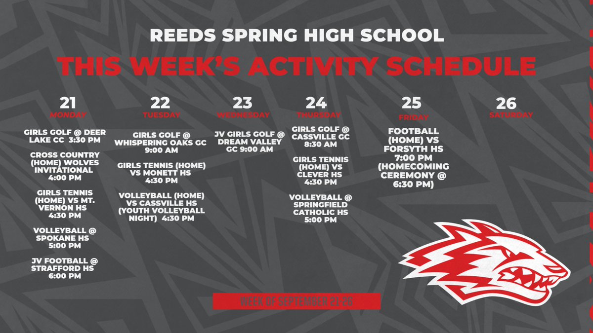 ReedsSpringAD's tweet photo. Homecoming is this Friday!  Homecoming Ceremony will be at 6:30 PM. Kickoff is scheduled for 7:00 PM. GO WOLVES!! https://t.co/xi5e2yhIVu
