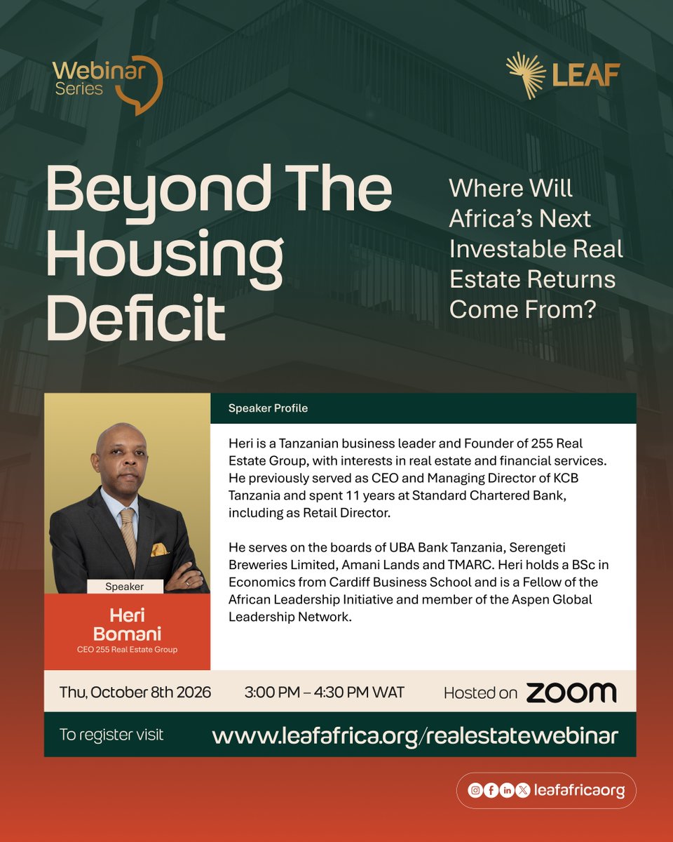 leafafricaorg's tweet photo. Africa’s real estate market is evolving, but where will the next investable returns come from? Join industry experts from across Africa for our upcoming LEAF webinar. Register now and be part of the conversation.