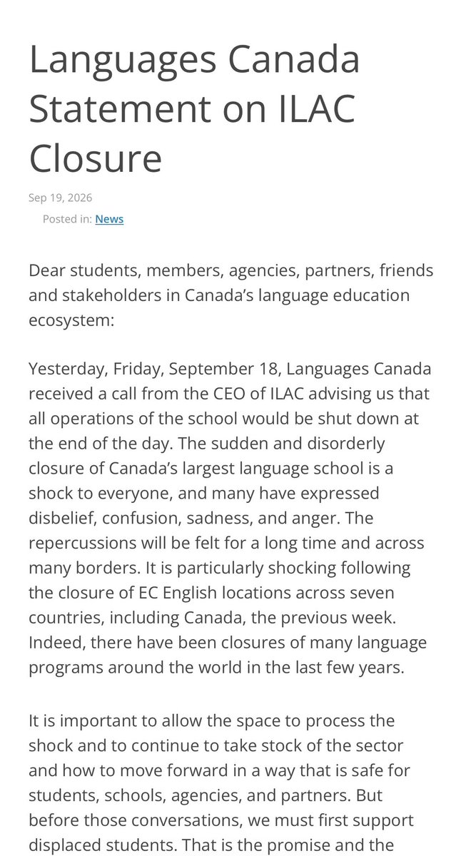 osusume_canada's tweet photo. Languages Canadaが昨日、今回のILAC���件について生徒のサポートに関する声明を出しました。

実は私、#ILAC で #コープ留学 をしているのですがまさかこんなことになるとは、と被害をもろに受けています笑

今は留学エージェントとPTIRUに連絡をする以外できる事はないという状況です😅
#カナダ #留学 https://t.co/ZnaR1W8tEM