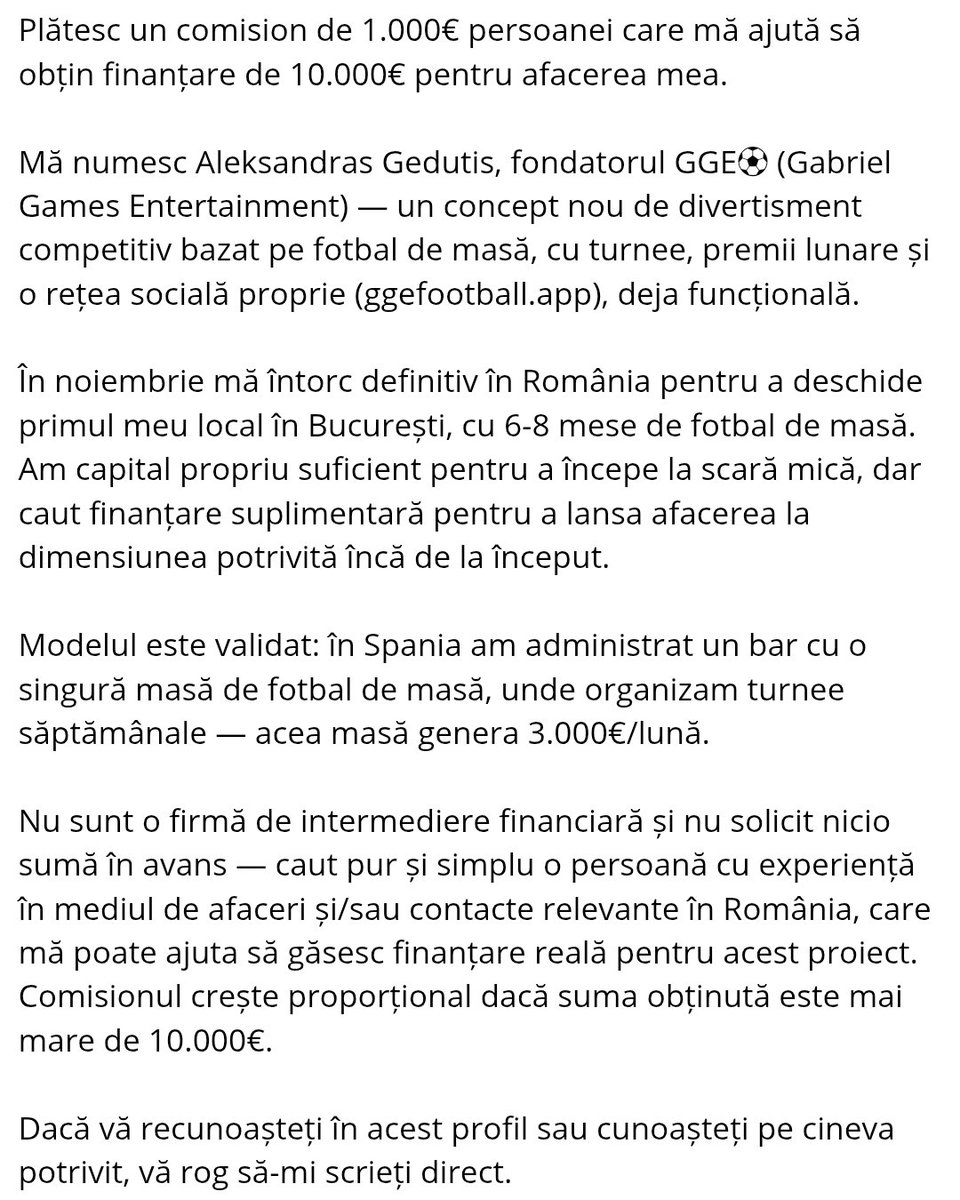GGEFootballClub's tweet photo. Plătesc un comision de 1.000€ persoanei care mă ajută să obțin finanțare de 10.000€ pentru afacerea mea.

https://t.co/RuaGkAku33

#fotbaldemasă #antreprenoriat #finanțareafaceri #startupRomânia #București https://t.co/Ww7vQLMN7t