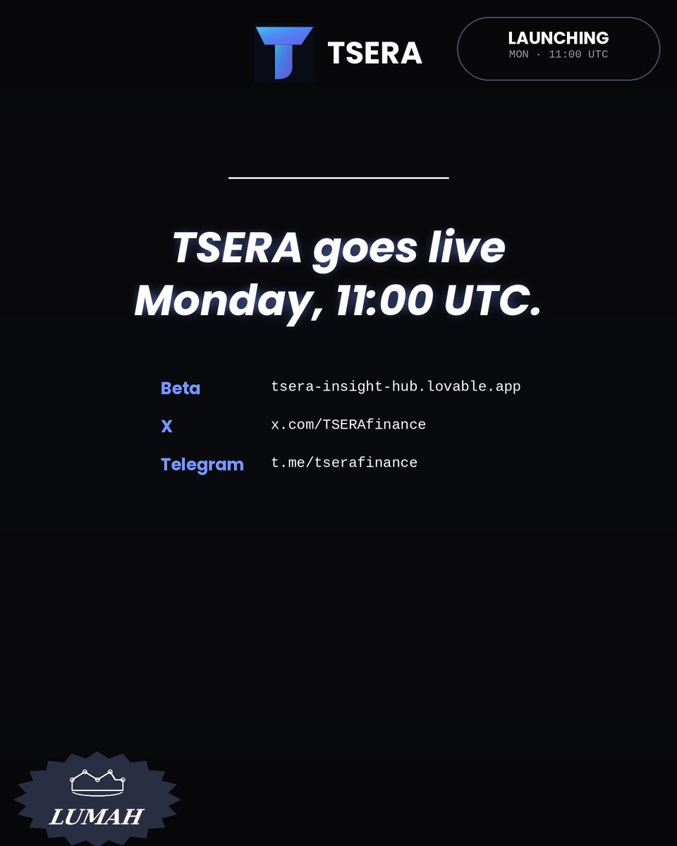 Lumah_one's tweet photo. TSERA goes live tomorrow Monday, 21st sept 11:00 UTC go poke around before everyone else does:
๐ Beta: https://t.co/PUoTrzLVOc
๐ฆ https://t.co/VWHtO5Fy6A
๐ฌ TG: https://t.co/6FWg5rcO6h
#TSERA #DeFi #Web3 #CryptoTwitter #OnChainFinance https://t.co/QKPlpZMgxV