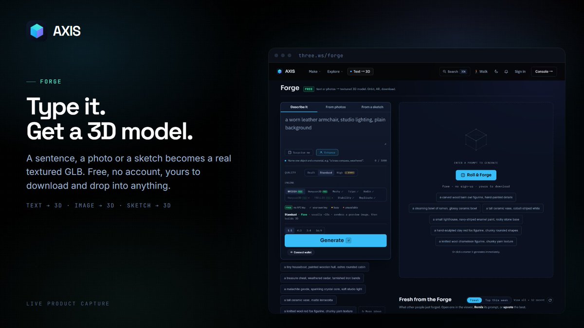 axislayers's tweet photo. Type a sentence. Get a real 3D model.

Forge runs text→3D, image→3D and sketch→3D. Free, no account, and what comes back is a textured GLB you can download and drop into anything.

Pick an engine, watch it build. https://t.co/9N88MFxdeA
