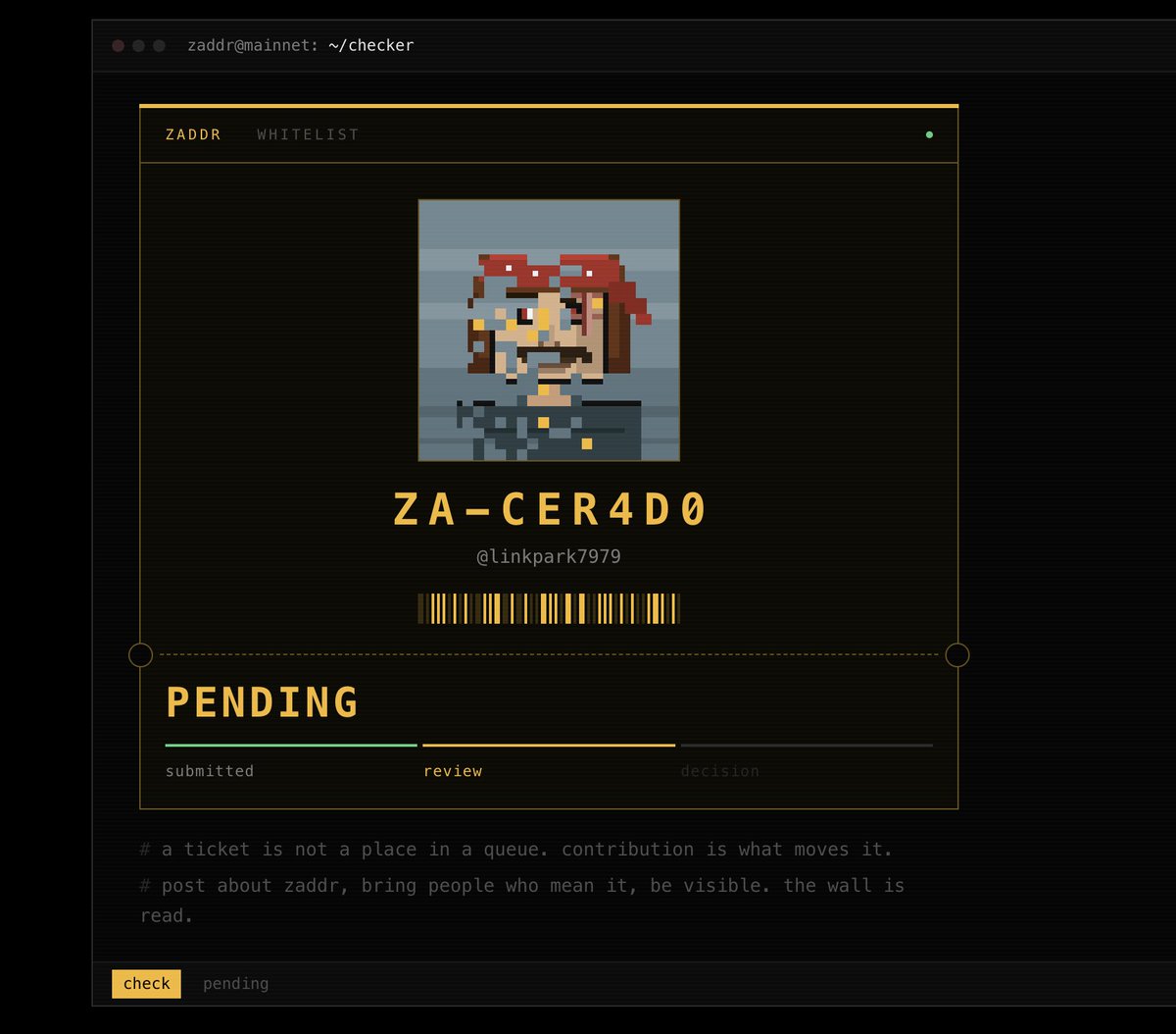 linkpark7979's tweet photo. $zaddr feels like one of the most interesting experiments emerging from the Zcash ecosystem.
I’m here to learn, contribute, and help bring more genuine people into the community, not just chase a mint.Looking forward to building with the @zaddrnet ecosystem.
#ZADDR #Zcash #NFT https://t.co/z1W8RCOfpe