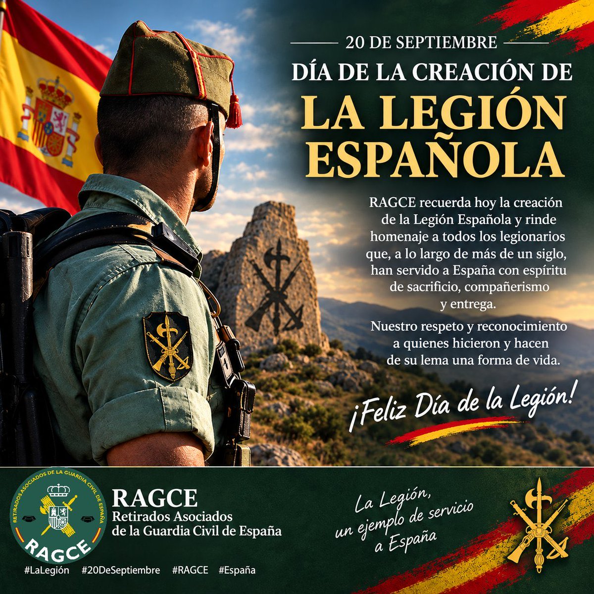 FraileMorinigo's tweet photo. RAGCE recuerda hoy la creación de la Legión Española y rinde homenaje a todos los legionarios que, a lo largo de más de un siglo, han servido a España con espíritu de sacrificio, compañerismo y entrega.
Nuestro respeto y reconocimiento.
¡Feliz Día de la Legión! 🇪🇸 https://t.co/5qej1vVYKi