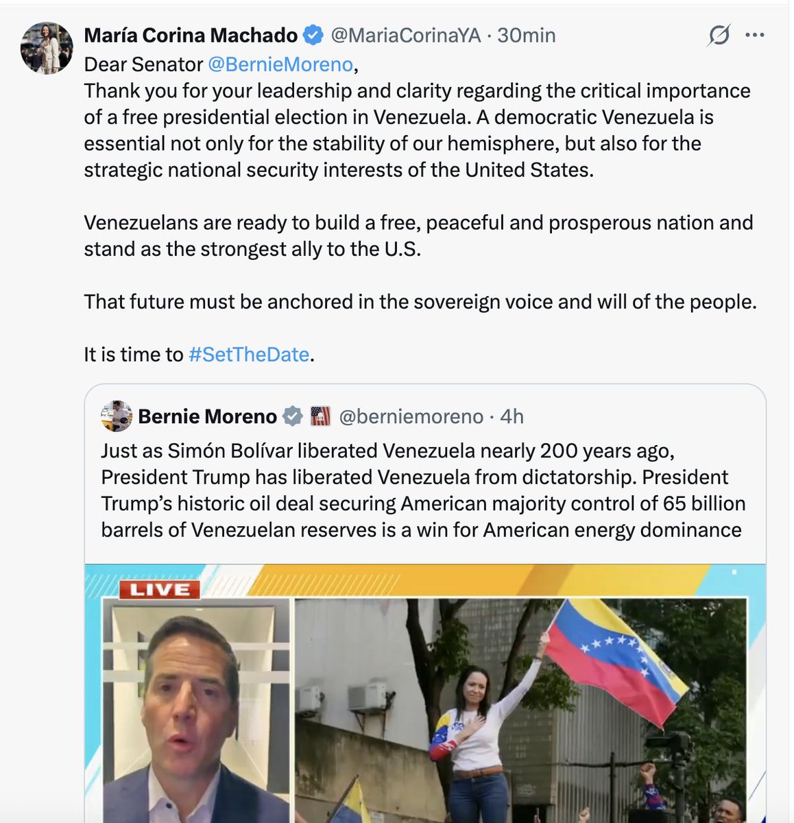 OrlvndoA's tweet photo. #AHORA | Líder María Corina Machado respalda llamado del senador republicano Bernie Moreno a fijar una fecha de elecciones presidenciales para el próximo año.

Él propone el 24 de julio, día del natalicio de Simón Bolívar.

María Corina dice que "es hora de #SetTheDate". https://t.co/bUlitSLyMZ