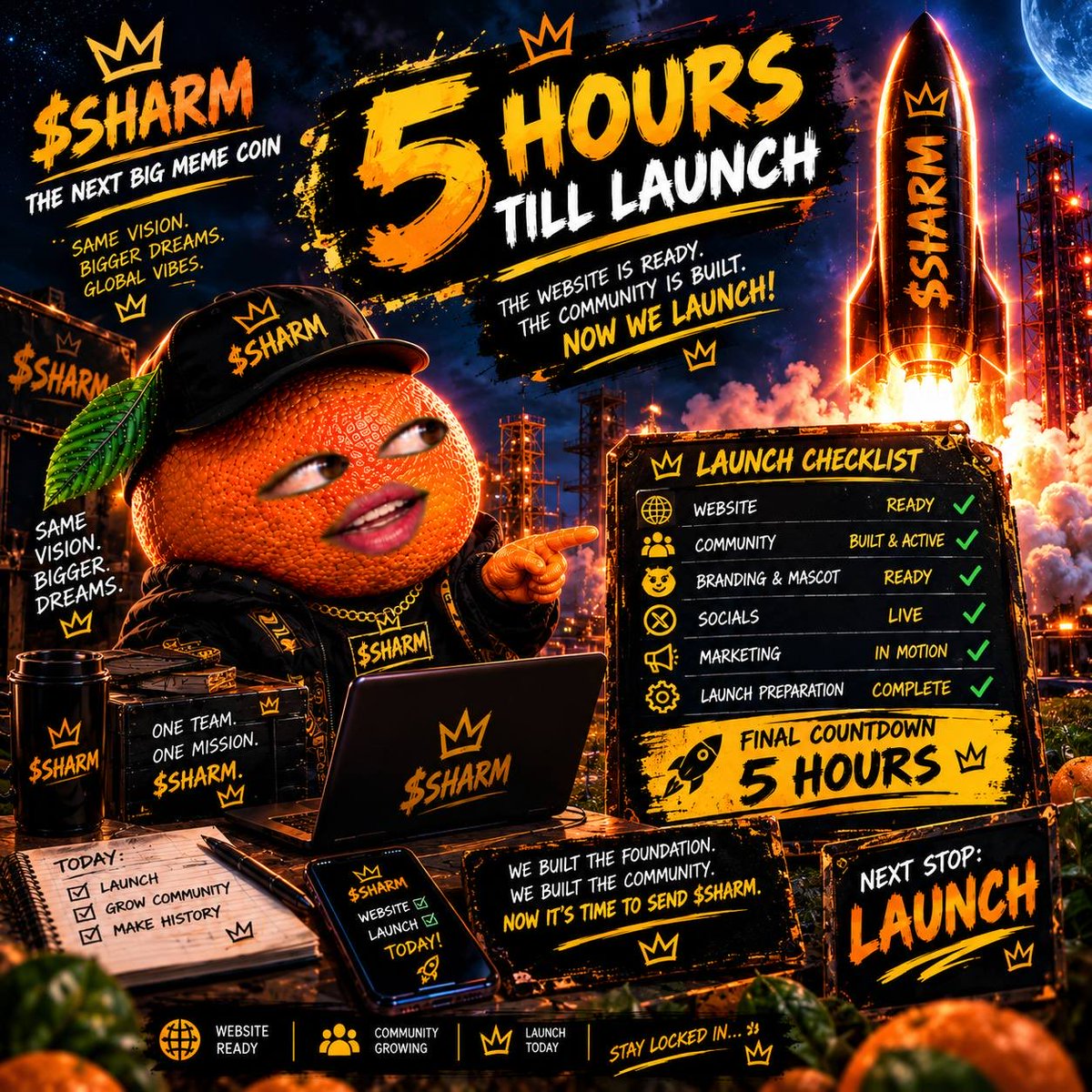 Sharminecoinsol's tweet photo. 🍊 $SHARM — 5 HOURS TO LAUNCH

THE ROAD IS READY. NOW WE LAUNCH. 🚀

✅ Website — READY
✅ Community — BUILT & ACTIVE
✅ Branding & Mascot — READY
✅ Socials — LIVE
✅ Marketing — IN MOTION
✅ Launch Preparation — COMPLETE
🔥 FINAL COUNTDOWN — 5 HOURS
🚀 NEXT STOP: LAUNCH

WE BUILT THE FOUNDATION.
WE BUILT THE COMMUNITY.
NOW IT’S TIME TO SEND $SHARM.

X:
TG: https://t.co/Lud4xr9a1K
🌐 https://t.co/p0IfNx8RXH https://t.co/PORZEEIvjE