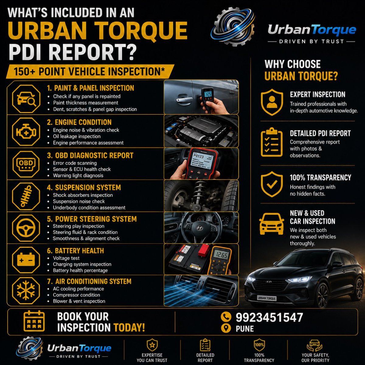 VirgilDunkan's tweet photo. Your dream car deserves more than delivery—it deserves a thorough inspection. Urban Torque’s 150+ point check covers paint, engine, diagnostics, suspension, battery, AC, and more. Know exactly what you’re buying. Book today: 9923451547 https://t.co/uqcMA6tXSt