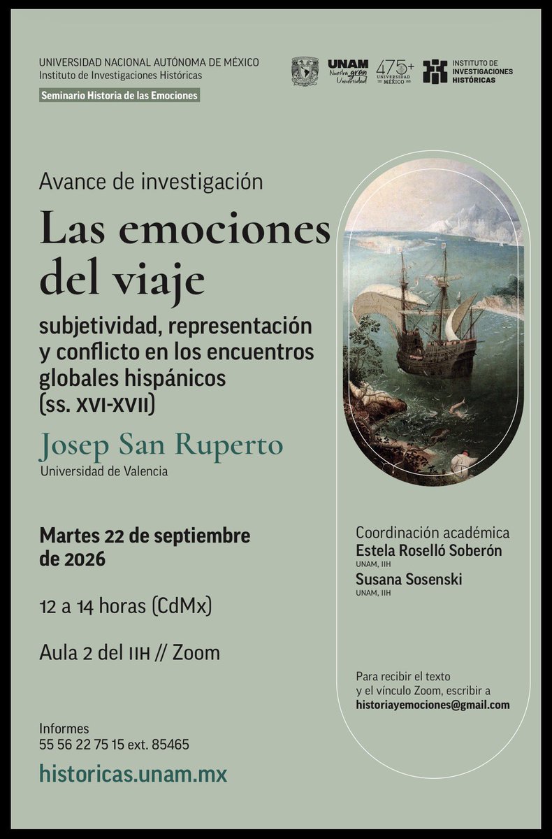 josanru1's tweet photo. ¡Ya estamos casi! 🤍 Este martes 22 de septiembre compartiré mis avances de investigación en la @UNAM_Historicas junto con Estela Roselló y Susana Sosenski, en el Seminario Historia de las Emociones. Os esperamos! ⛵️🌎❤️‍🔥 https://t.co/u8kJEtWsGy